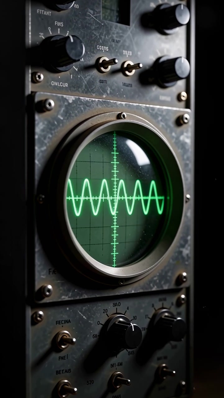 Vista cercana de un instrumento electrónico que revela un trazo de forma de onda constante en una pantalla redonda iluminada, rodeado de controles de metal oscuro y sutiles reflejos en un entorno de equipo compacto
