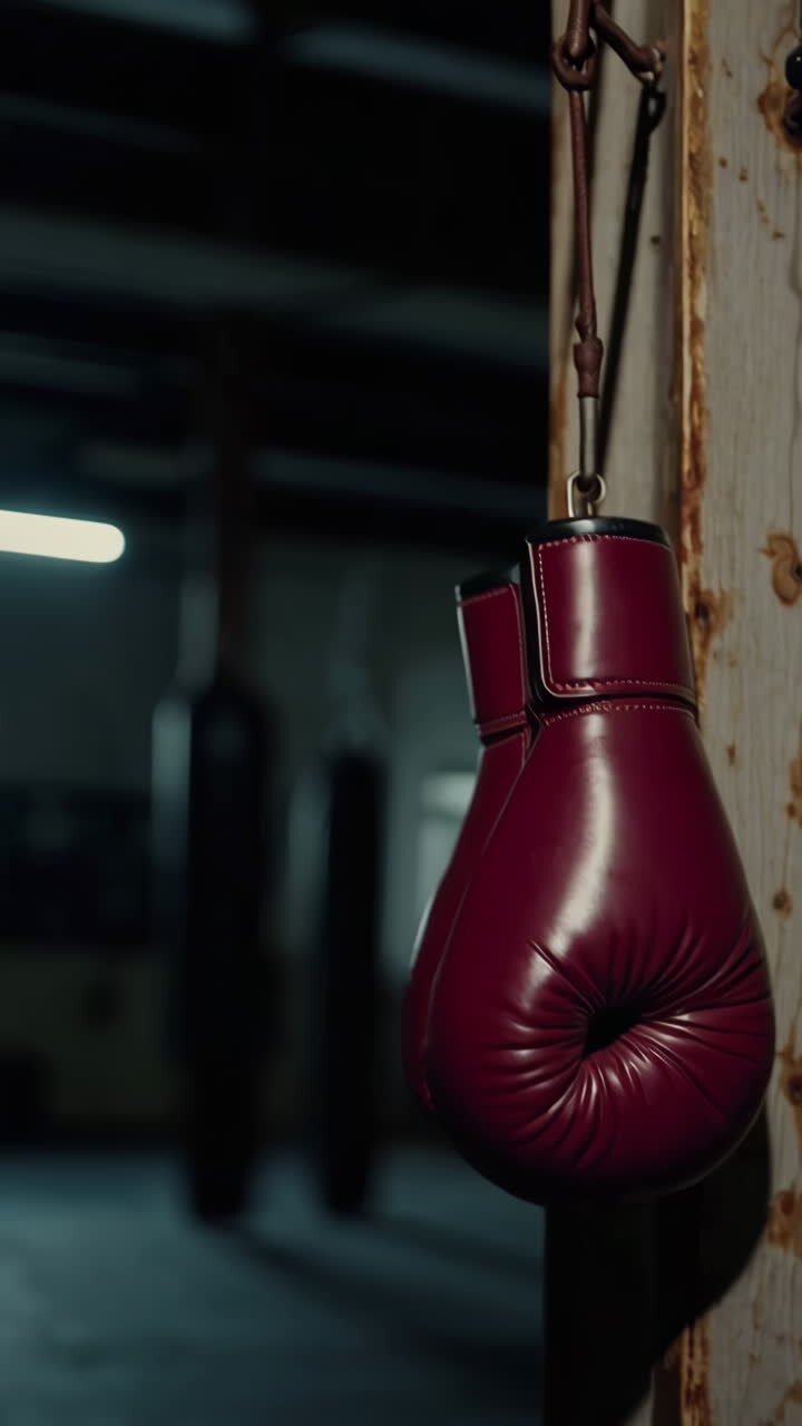 Guanti da boxe vintage in pelle rossa appesi