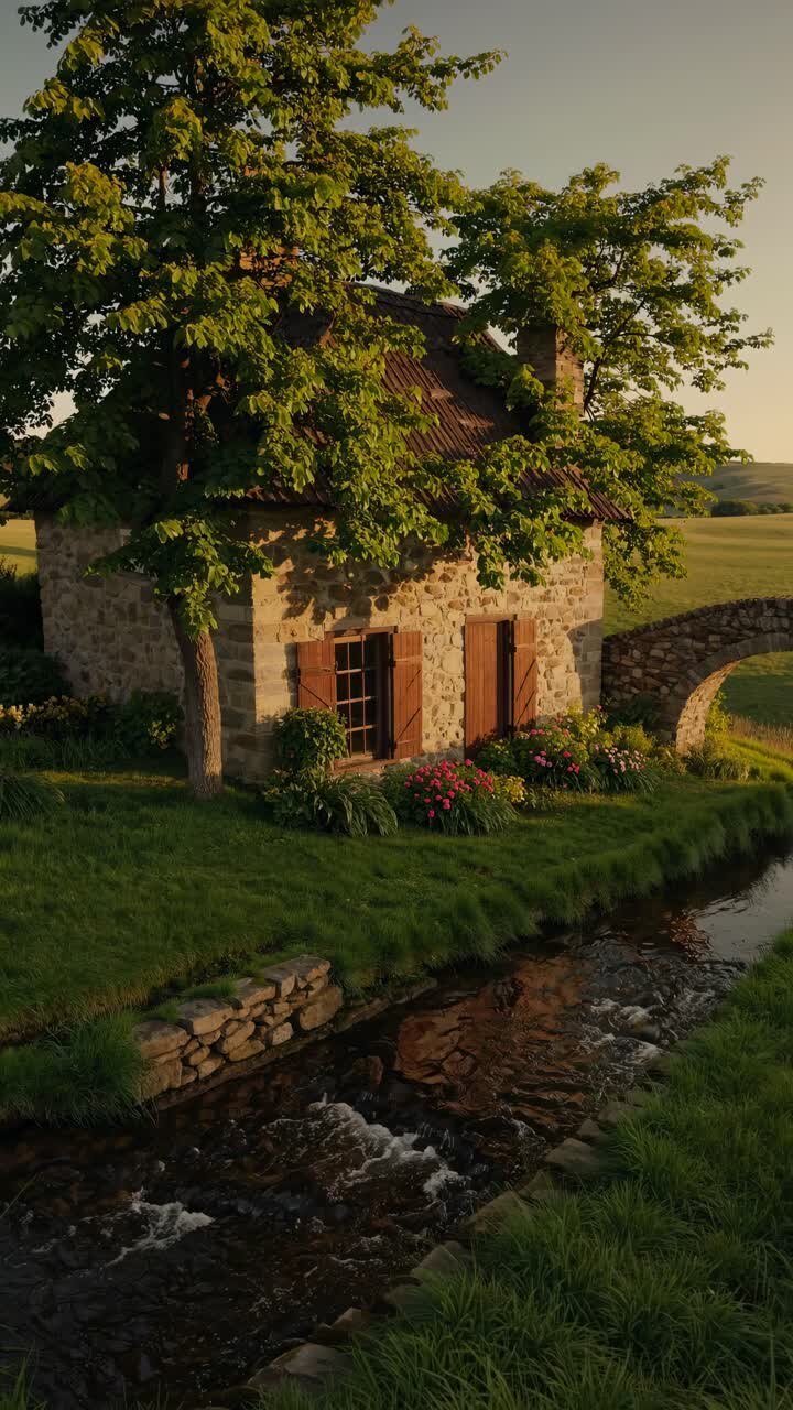 Aerial view of a rustic stone cottage by a stream, surrounded by lush greenery, evoking a serene