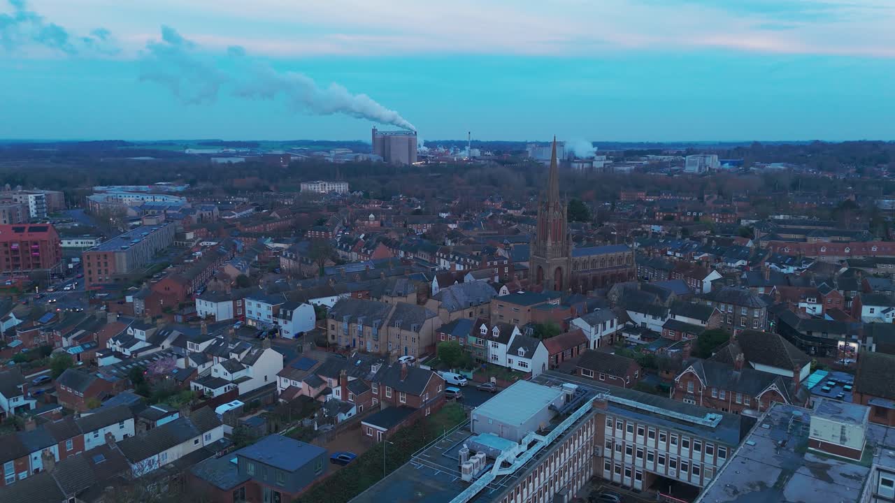 Scenic aerial view of Bury St Edmund's cityscape at dusk