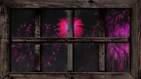 animación de la ventana con navidad rosa y fuegos artificiales de año nuevo en el cielo nocturno