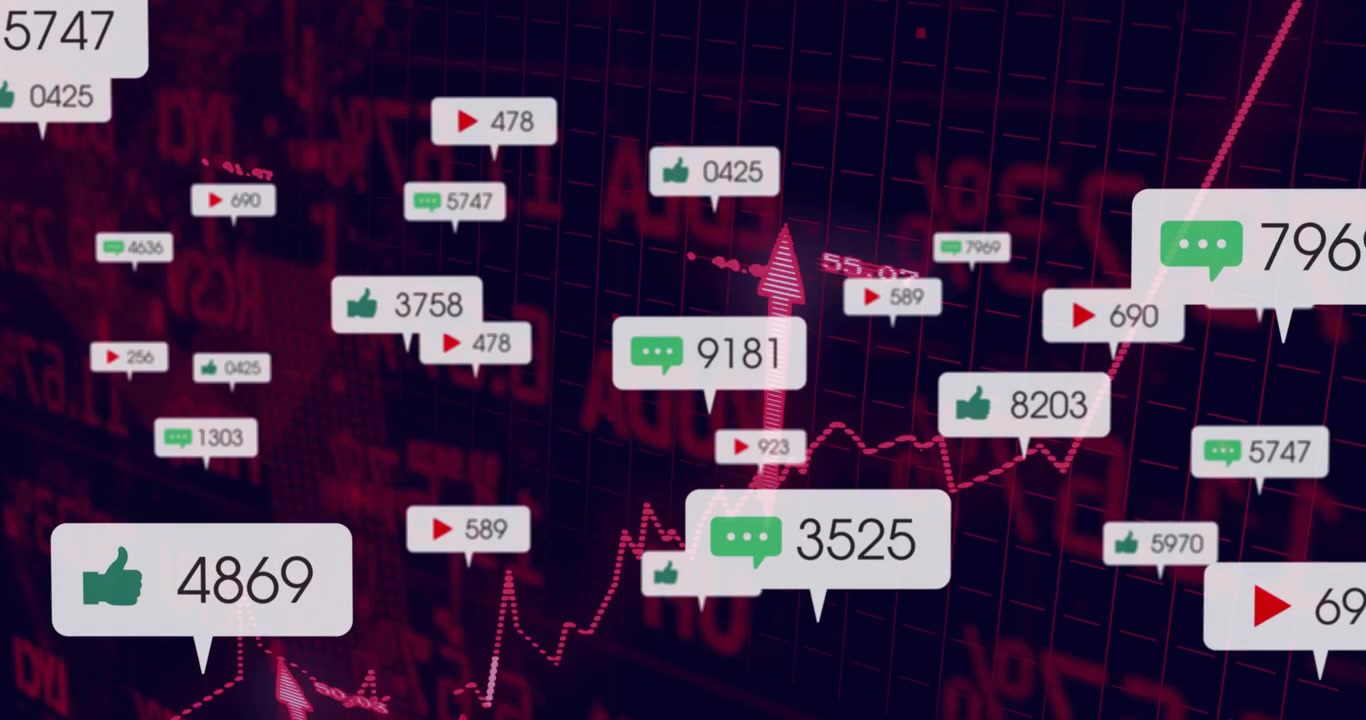 social media metrics floating over dark red grid displaying comment like play icons and trend lines