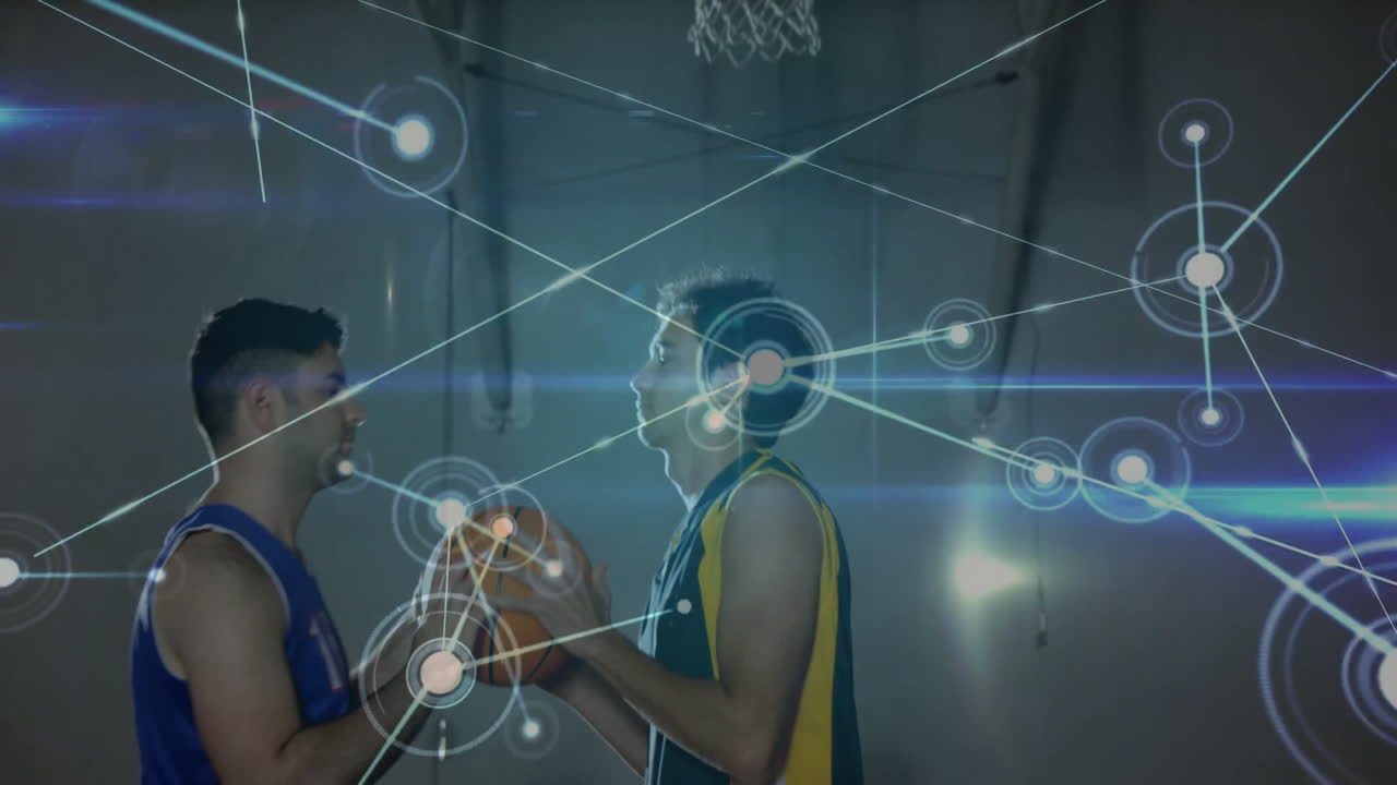 Interacting with digital network connections, two basketball players in animated scene