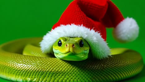 una serpiente verde con un sombrero de santa en un fondo verde