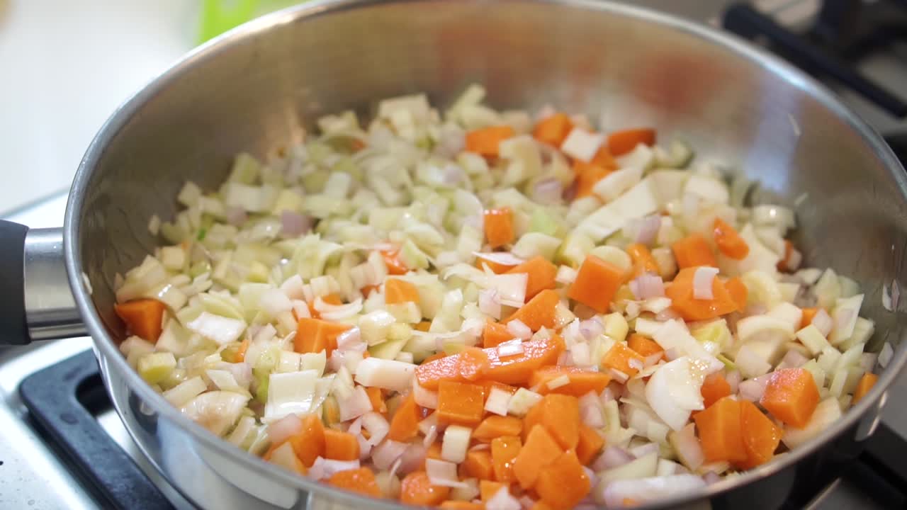 Frying off mirepoix ingredients in pan