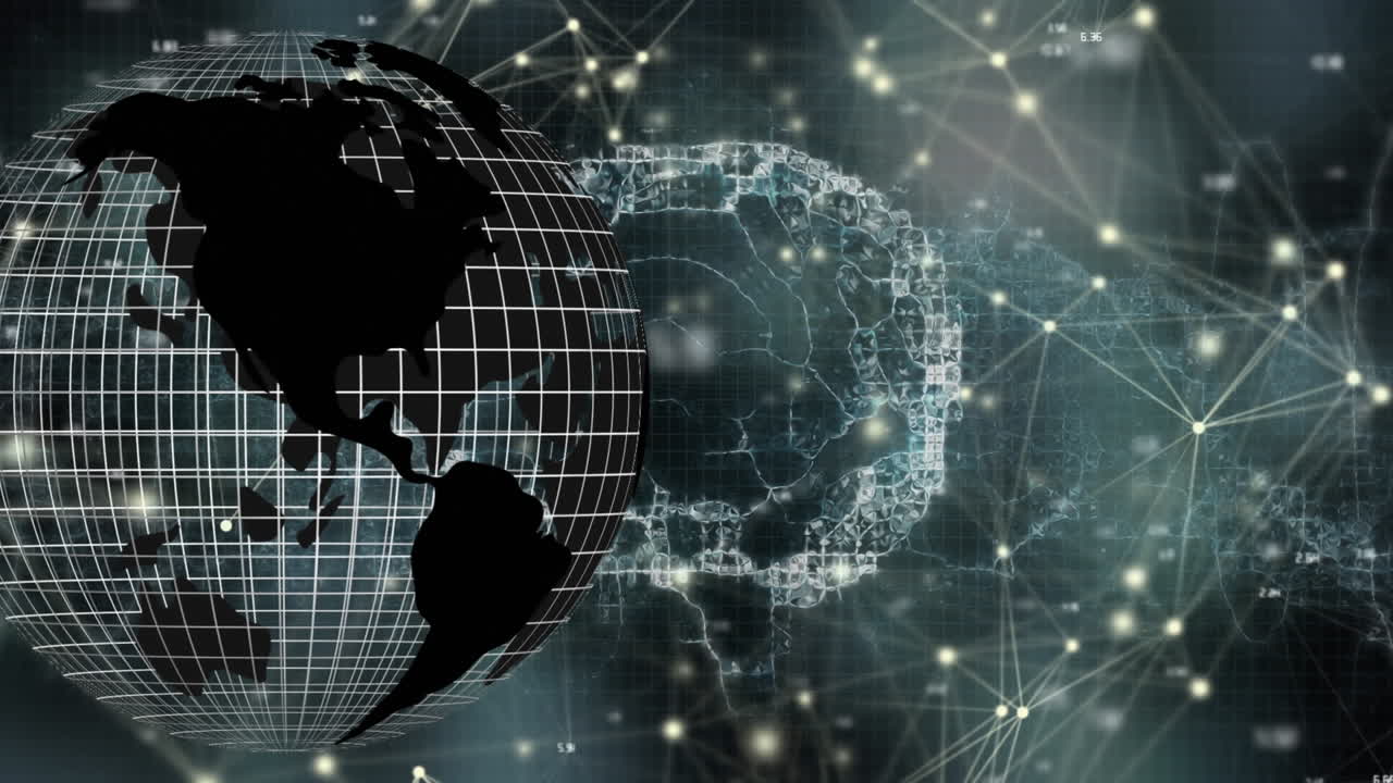 Animation of networks of connections, globe and digital human brain over black background