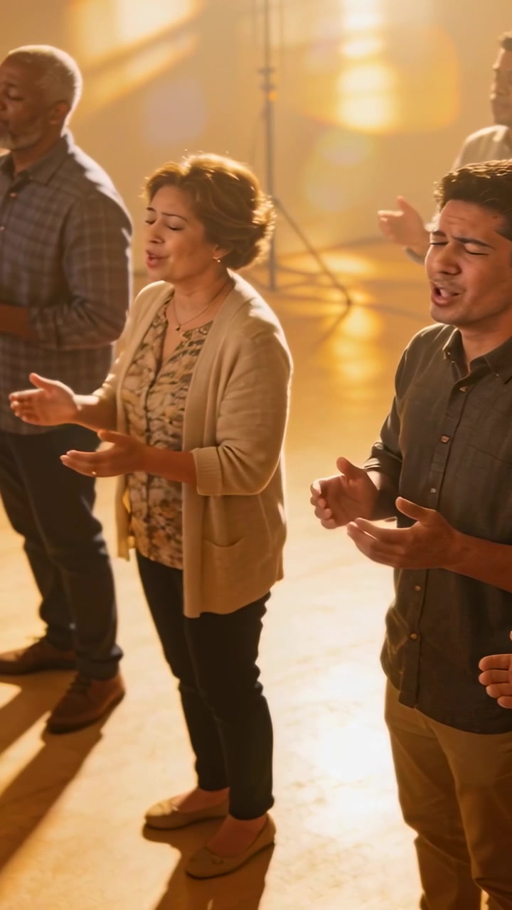Video verticale: Cantante centrale che canta durante un momento di culto, alzando le mani in studio con luci
