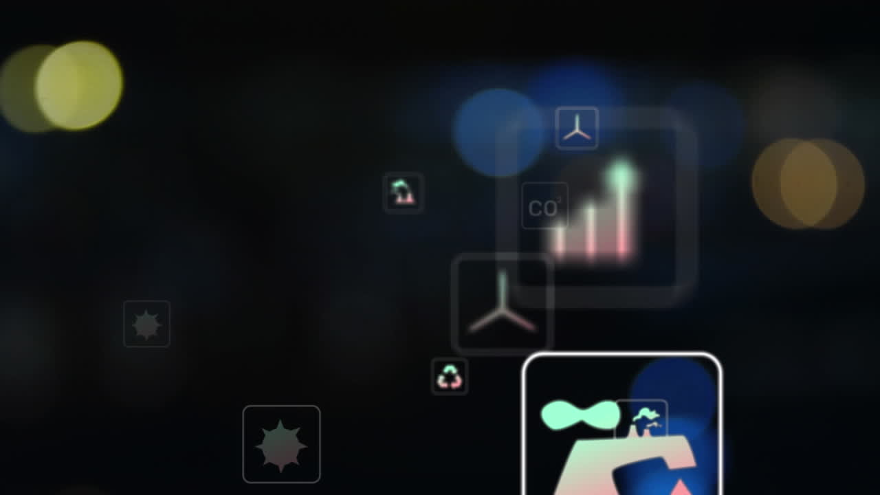 animación de icono en cuadrados sobre llamaradas de lente y vehículos borrosos que se mueven por la calle en la ciudad