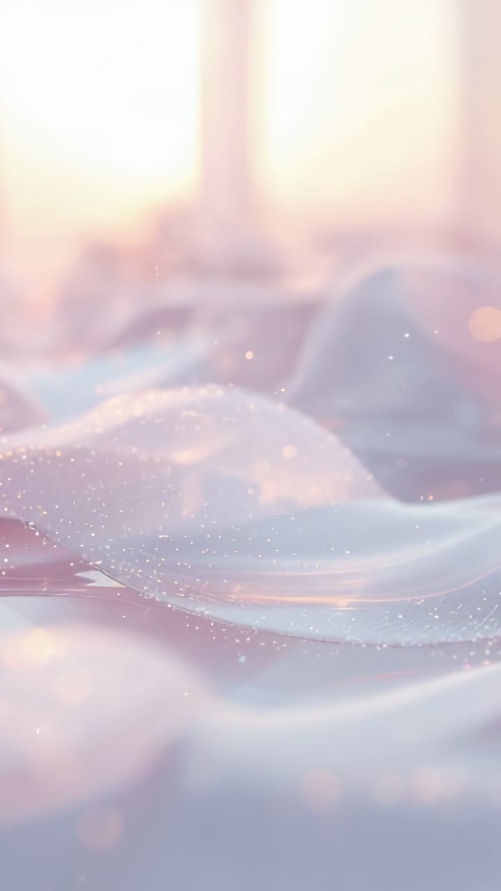 Video verticale: foglio di seta increspato che si muove mentre la luce della finestra entra, con particelle glitter che fluttuano