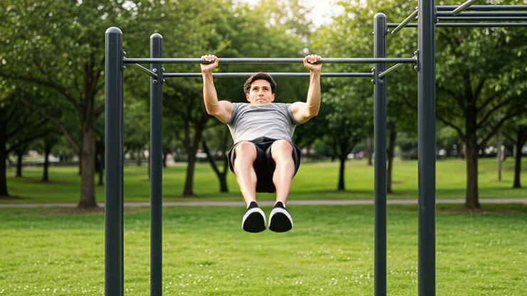 A Determined Individual Engaging in Outdoor Fitness Routine with Pull-Ups in a Park Setting, Showcasing Strength Training and Physical Endurance in Natural Surroundings