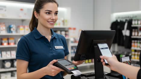 engaging retail scenario: a cashier assisting a customer with digital payment solutions at a modern store environment