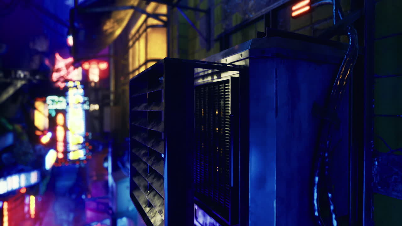 Urban night scene featuring neon lights and air conditioning unit in alleyway