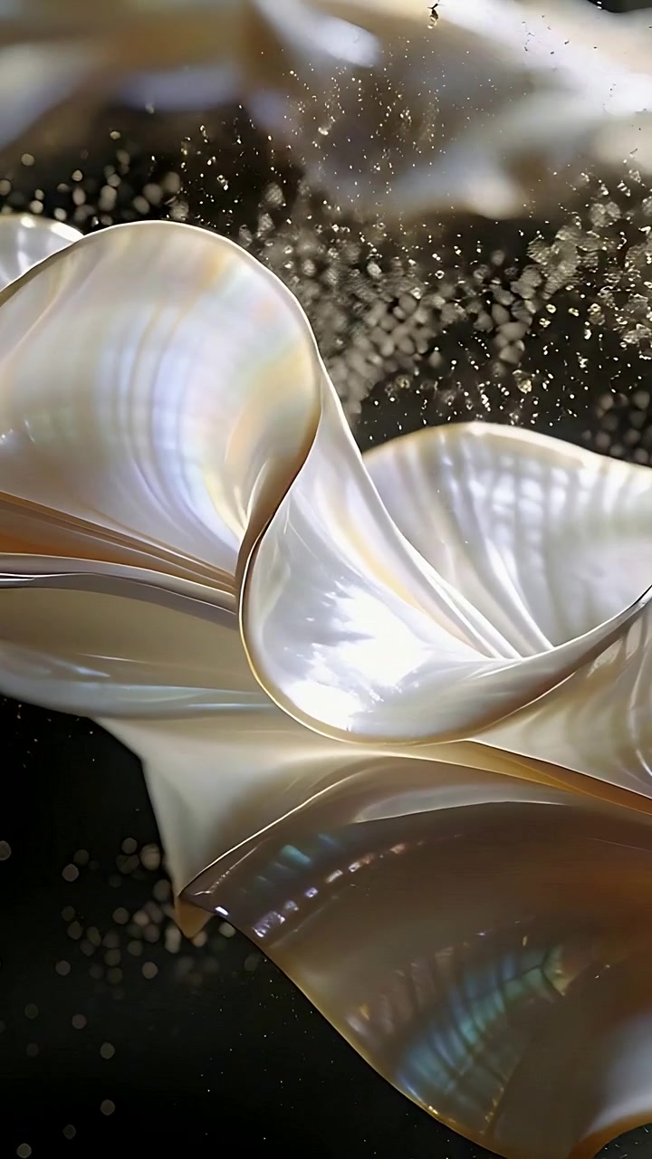 Video verticale: Luce soffusa cangiante, nastro di perle che si srotola in studio, rivelando lucentezza e pulviscolo.