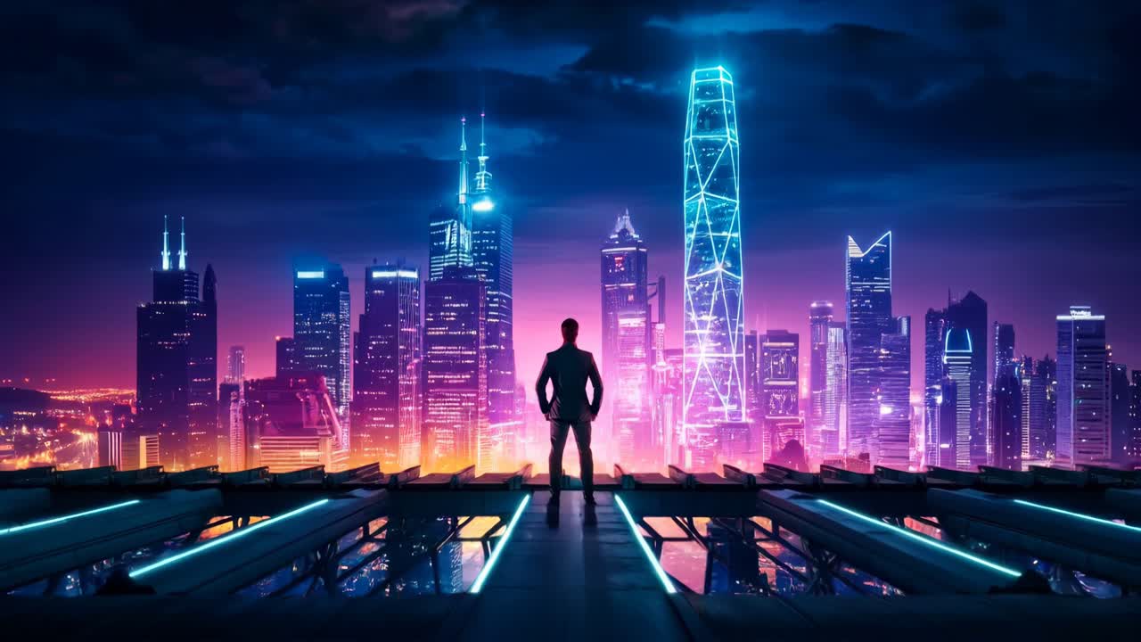 네온 스카이라인을 배경으로 대담한 실루을 특징으로 하는 놀라운 미래의 도시 풍경