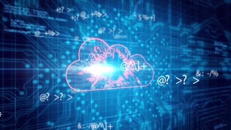 Animation-of-digital-cloud,-math-symbols-and-integrated-circuit-on-blue-background