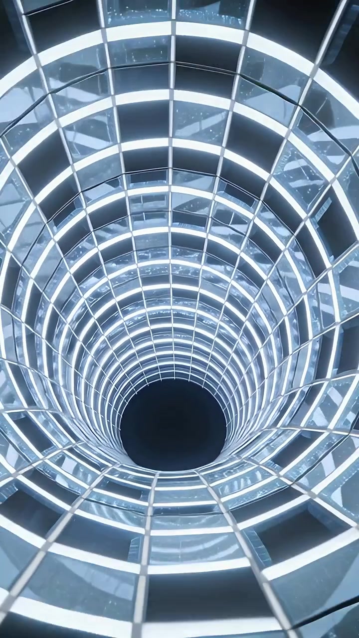 Video verticale: Telecamera in movimento che rivela un pozzo illuminato all'interno di un atrio, con anelli concentrici per la profondità.