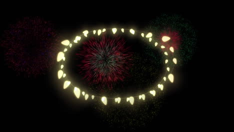 animation of circle of fairy lights with colourful christmas and new year fireworks in night sky