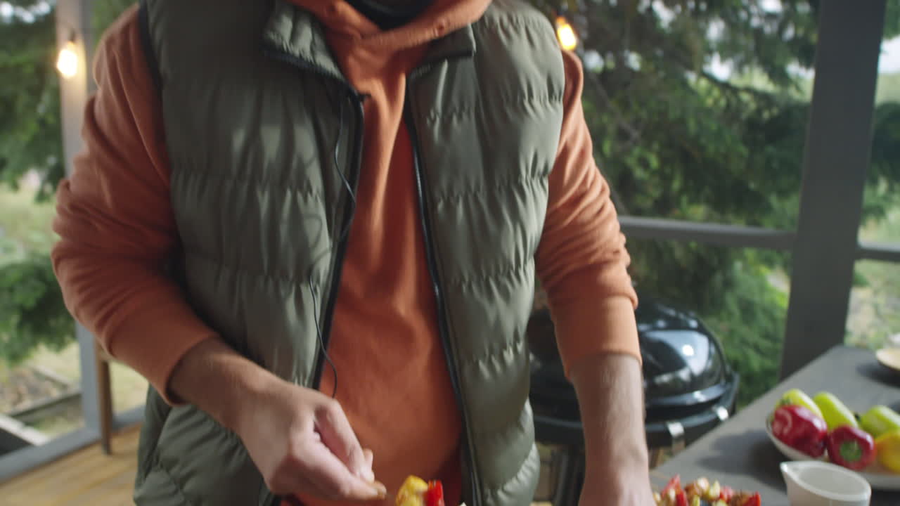 Food Blogger Preparing Veggie Skewers for BBQ