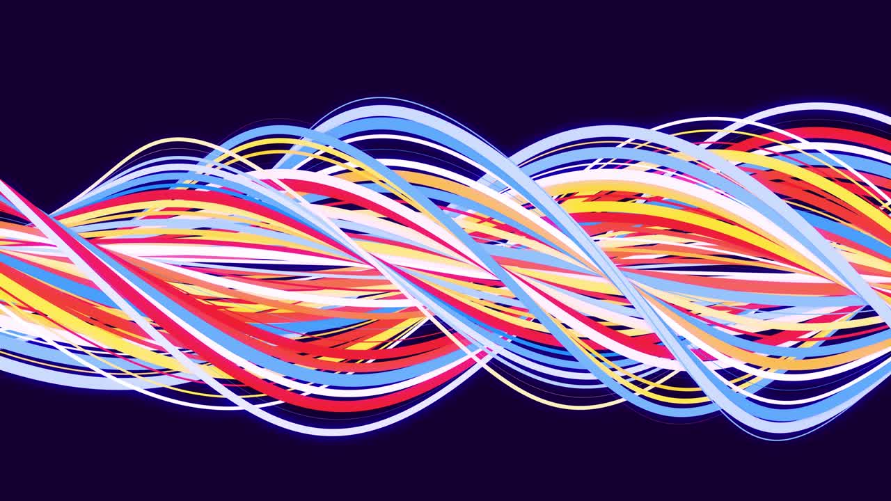 다채로운 입자와 선들이 나선 모양으로 휘어지면서 순환적으로 회전합니다. 굴곡된 선과 입자의 모션 디자인 배경으로 루프 애니메이션. 아름다운 리본. 루마 매트.