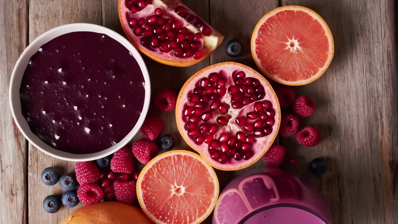An overhead shot of colorful fruits and berry smoothies on a wooden background