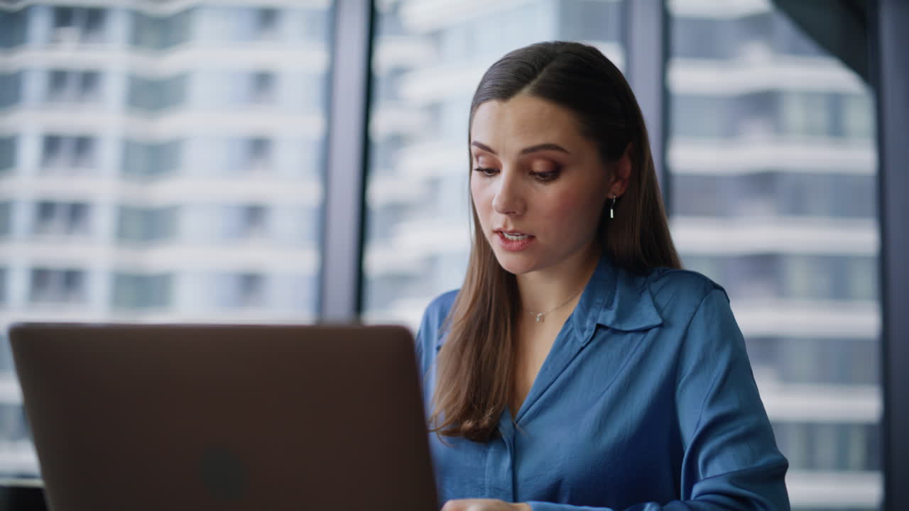 Consultant waving laptop webcam greeting interlocutor at online meeting closeup