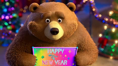 oso animado con un letrero de feliz año nuevo