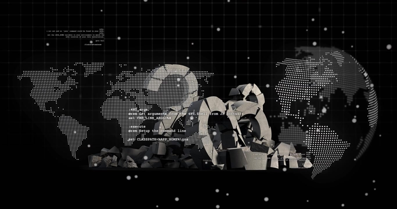 Kode bergulir memicu peta muncul dan lengkungan berkumpul, bola dunia berputar menunjukkan aliran data.