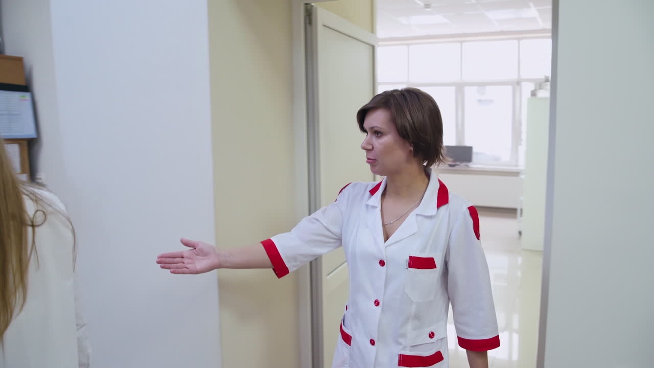Doctor invites to office. Patients visiting ophthalmology at hospital office