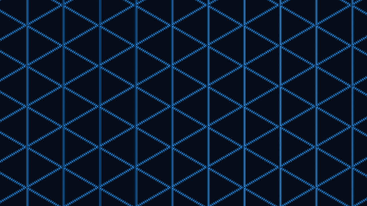 Seamless abstract geometric triangle grid with glowing blue neon lines on dark background, modern futuristic tech wallpaper for motion graphics, UI, and digital design