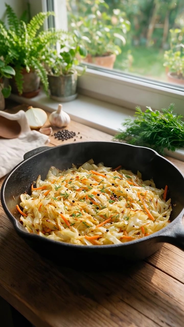 Scena di cucina ripresa dall'alto in obliquo che mostra una padella in ghisa piena di cavolo e carote lucidi mescolati con una spatola di legno su un piano di lavoro rustico accanto a una finestra luminosa, con erbe fresche nelle vicinanze.