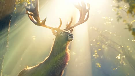 a deer standing in the middle of a forest with the sun shining through the trees