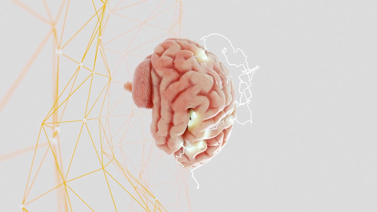 Human brain model with lightning effect above abstract yellow polygonal grid on a white background. Concept of neuroscience, artificial intelligence, and innovation