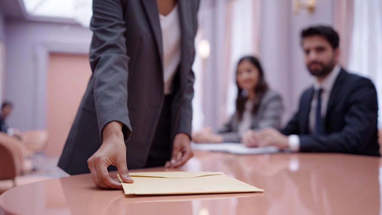 Una scena di riunione professionale con un individuo che tiene una busta gialla in una sala conferenze con i partecipanti seduti a un tavolo, che evidenzia la comunicazione aziendale.