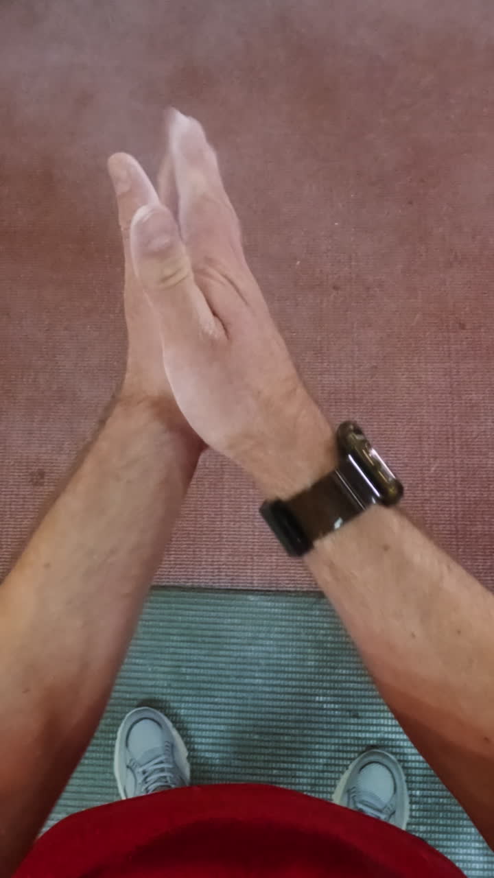 A first-person view of workout preparation, showing feet on a mat and hands being chalked and clapped