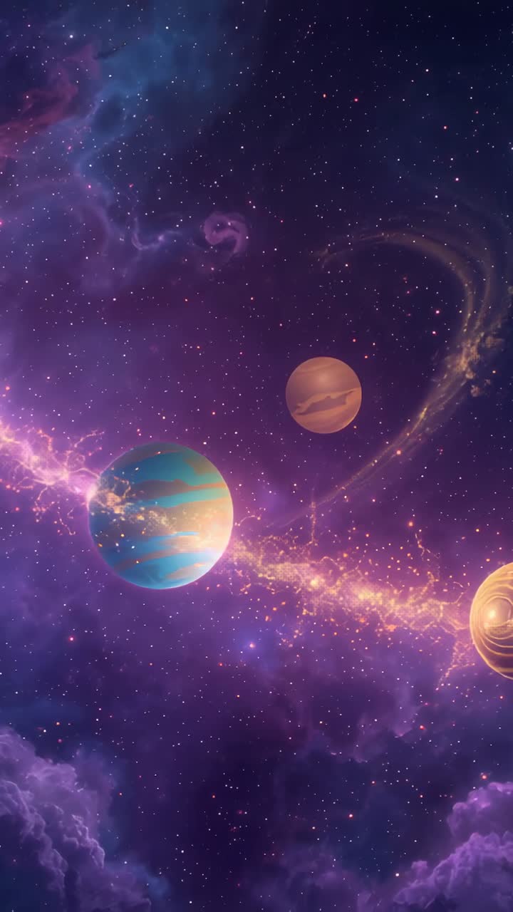 Vertical video: Large blue-green planet floating in nebula with dust shimmering and stars twinkling