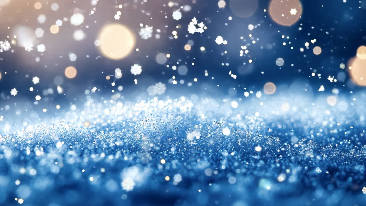A blue snow covered field with snowflakes falling from the sky