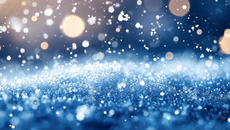 a blue snow covered field with snowflakes falling from the sky