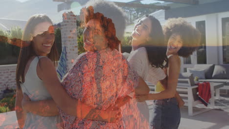 hugging and smiling, four women outdoors with mountain landscape animation