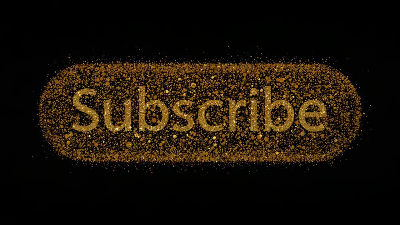 Gathering scattered specks, gold glitter forming Subscribe button on black canvas, revealing text