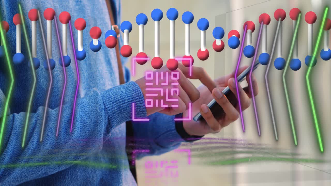 неонный сканер qr-кода и структура днк вращаются против средней части человека, использующего смартфон