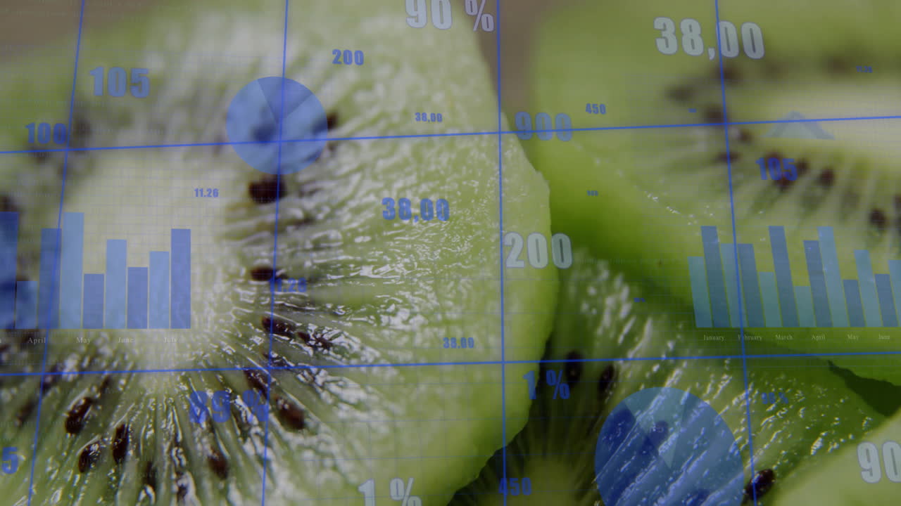 Financial data charts and graphs overlaying kiwi slices in animation style
