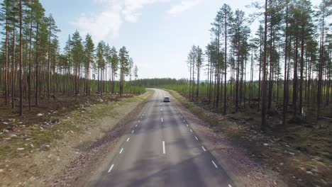 Rear-view-of-a-car-driving-through-lands-filled-with-trees-in-France