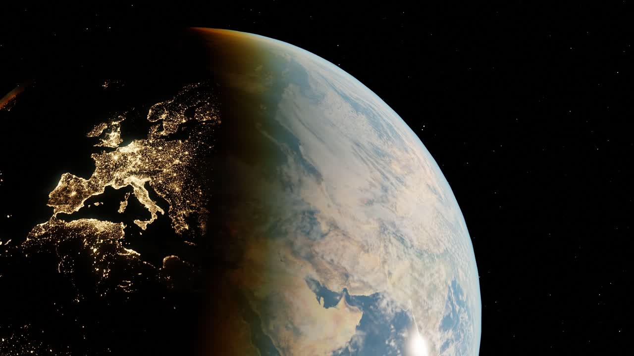 planeta tierra vista desde el espacio con europa y áfrica continente iluminado por la noche cuando el día se convierte en la noche, contaminación lumínica electricidad agenda 2030 concepto