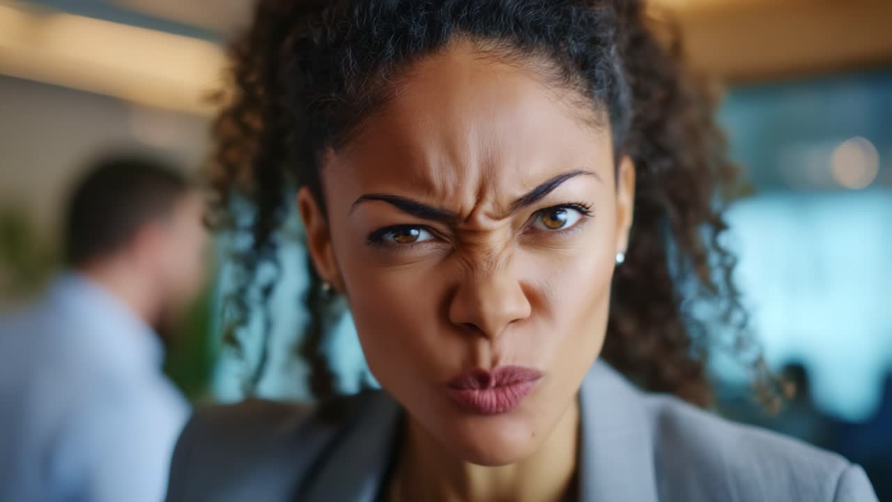 Concentrazione intensa: primo piano di una donna che mostra un'emozione forte con un'espressione furiosa e uno sguardo penetrante in un ambiente professionale