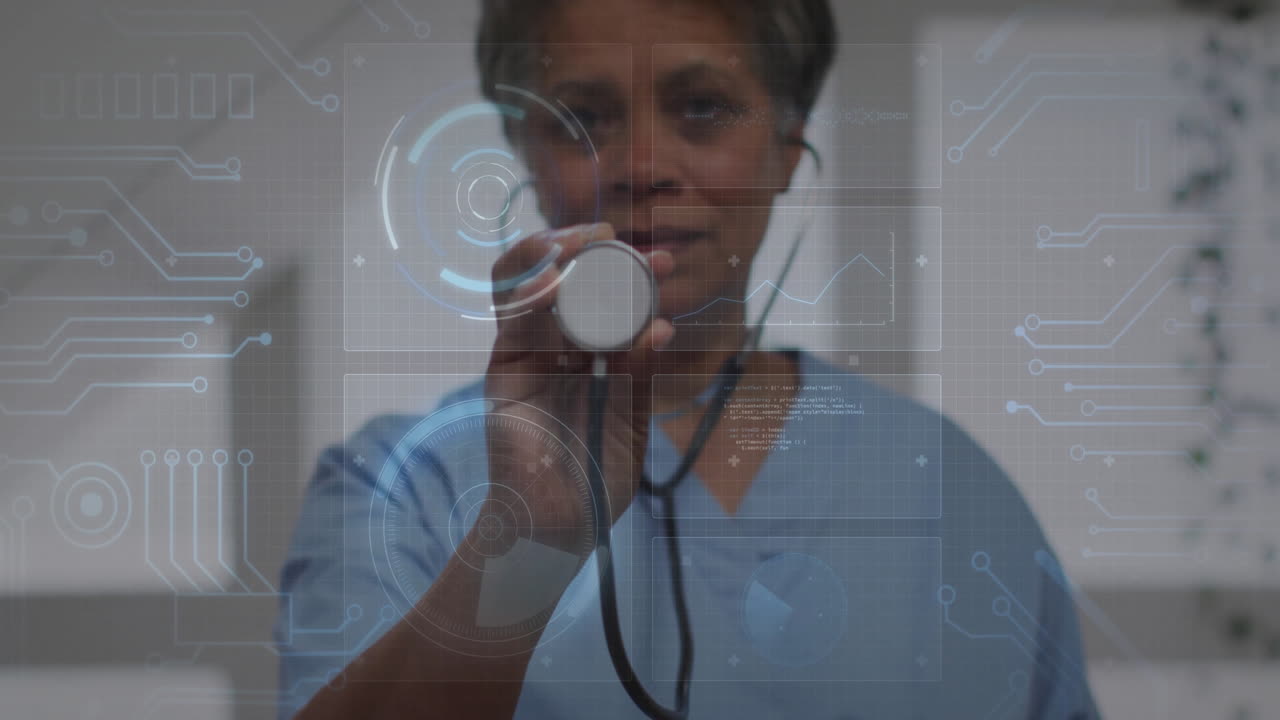 Female healthcare professional holding stethoscope toward viewer in medical office with digital HUD