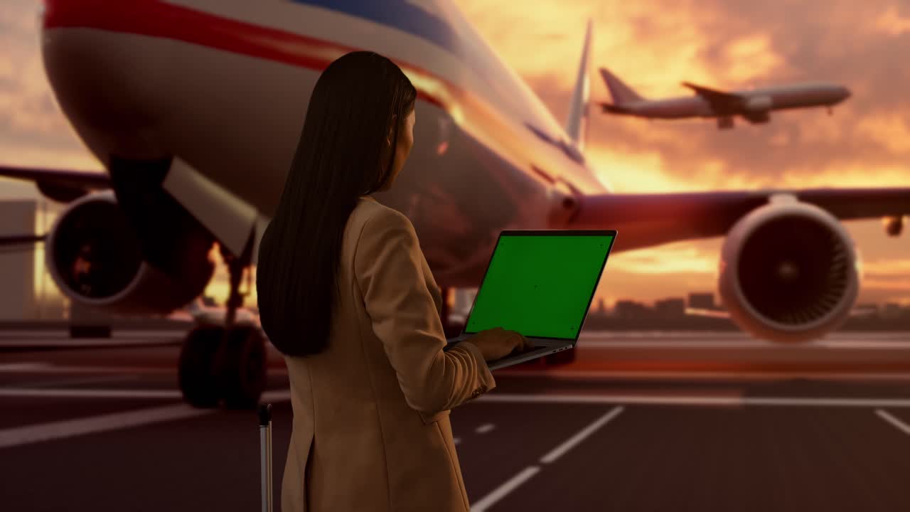Vista trasera de una empresaria asiática con maleta con ruedas embarcando en un jet privado al atardecer, usando un portátil con pantalla verde mientras espera el vuelo, aeropuerto con avión