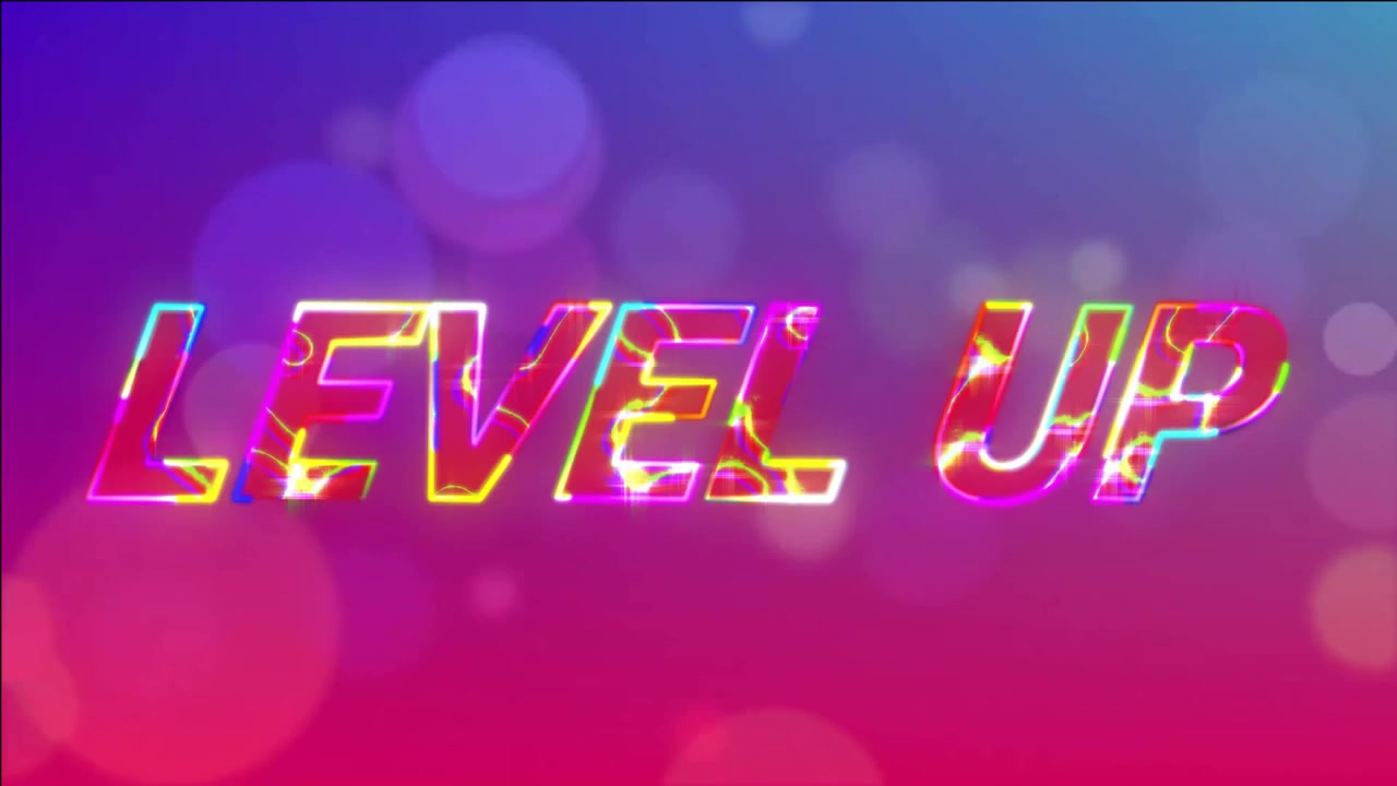 Animazione di testo "level up" luminoso su sfondo con faretti.