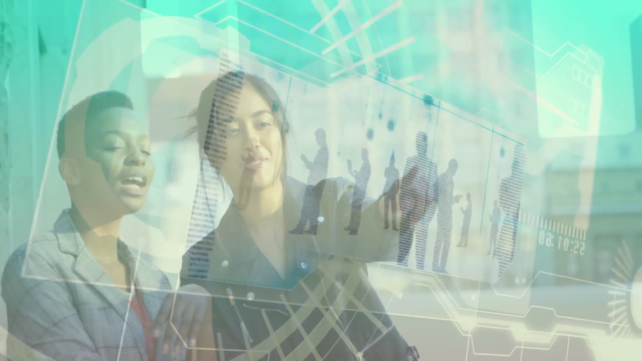 Two female colleagues exploring tech hologram outdoors, viewing network grid and numeric data