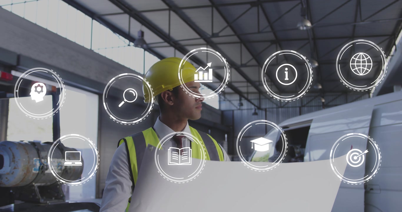 Engineer unfurling blueprint in warehouse triggers holographic icons showing analytics integration