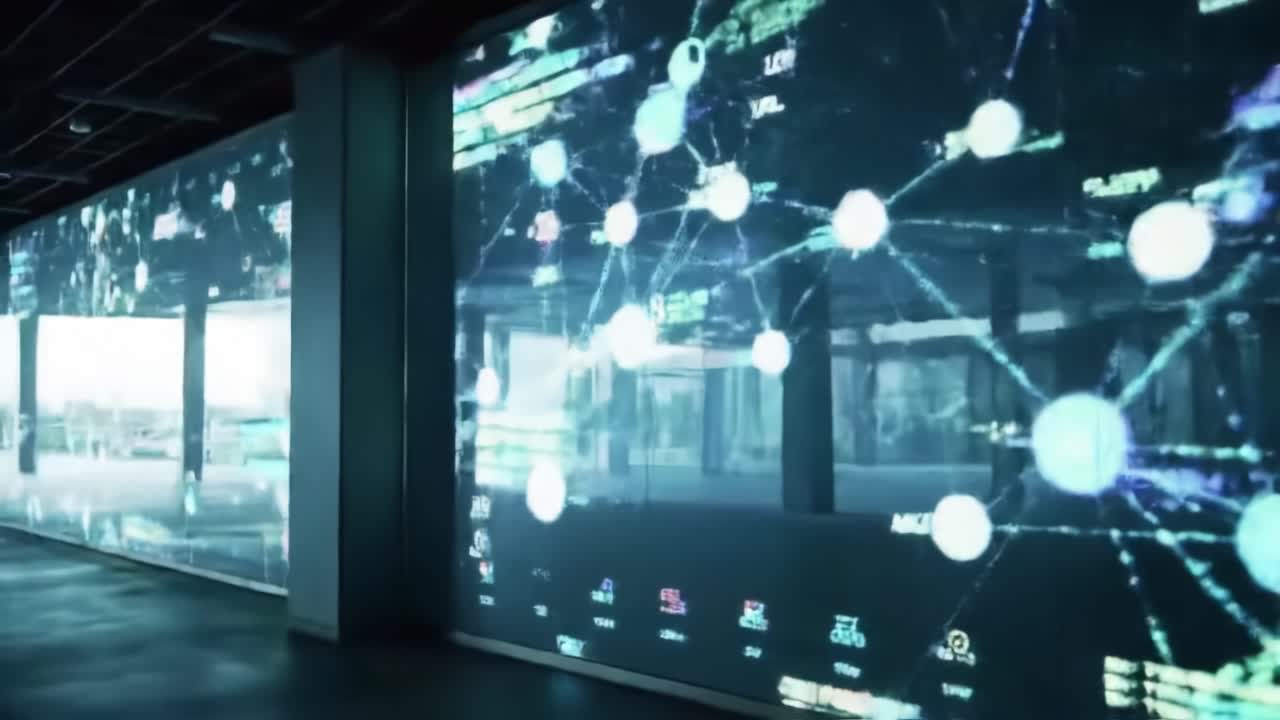 Innovative digital projections illuminate the walls of a contemporary space. Colorful graphics and connections create an immersive experience, highlighting technology's influence on urban life.